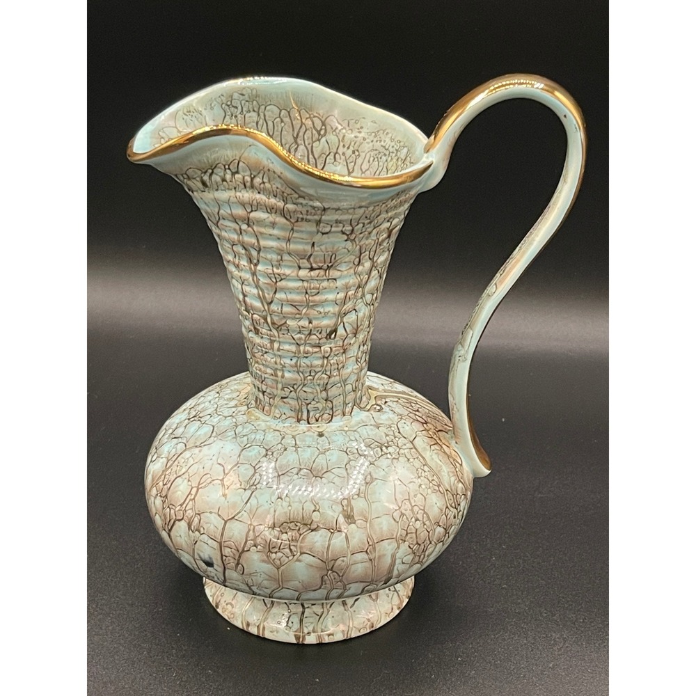 Vintage Handpainted Holland Ceramic Pitcher Turquoise Gold Gilt Drip Glaze 155
